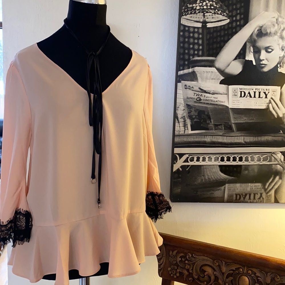 Esley pink blouse with black lace accents